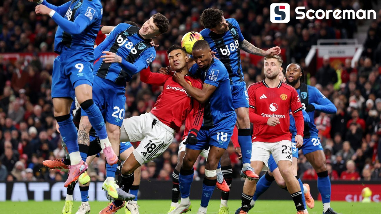 '1-0→2-1→2-3→4-3→4-4' 자동문 수비 맨유, 역대급 난타전 끝에 본머스와 무승부… 리그 6위